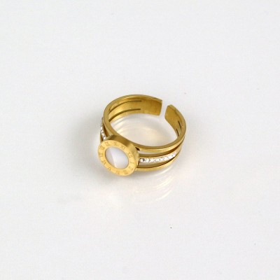 Ατσάλινο χρυσό δαχτυλίδι με κυκλικό στοιχείο φίλντισι και στρας