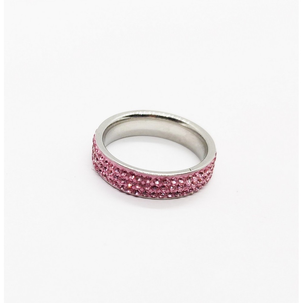 Ασημί Ατσάλινο δαχτυλίδι Βέρα με τριπλή σειρά ροζ ζιργκόν Δαχτυλίδια
