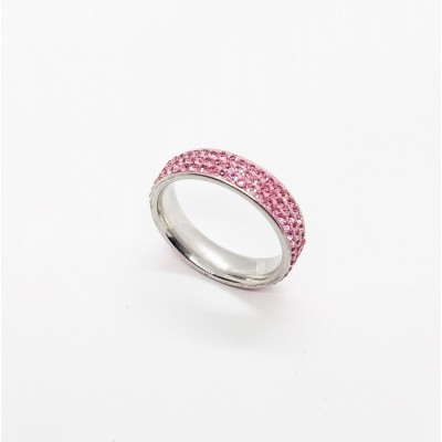 Ασημί Ατσάλινο δαχτυλίδι Βέρα με τριπλή σειρά ροζ ζιργκόν