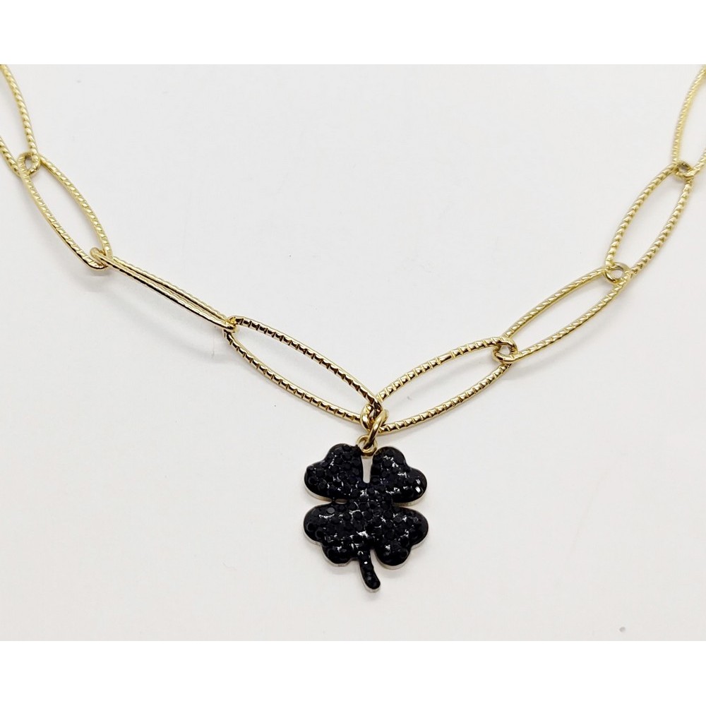 Necklace with gold steel chain and four-leaf clover with rhinestones