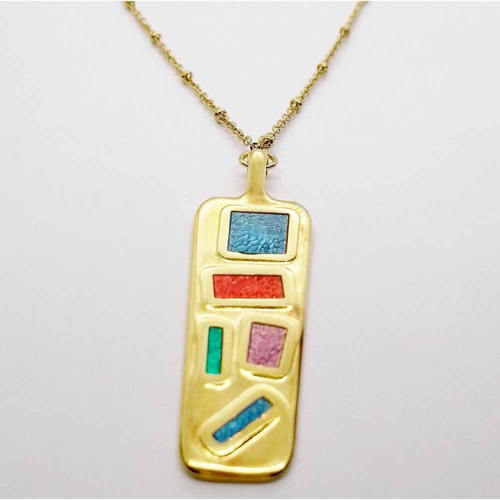 Beautiful necklace with gold steel rosary chain and motif with colorful enamel Necklace