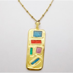 Beautiful necklace with gold steel rosary chain and motif with colorful enamel Necklace