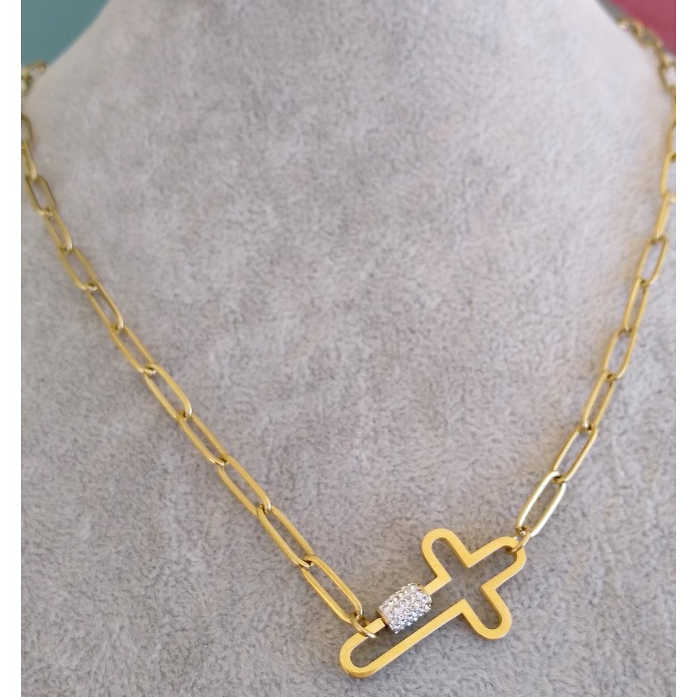 Necklace with Modern chain, made of steel and gold cross Necklace