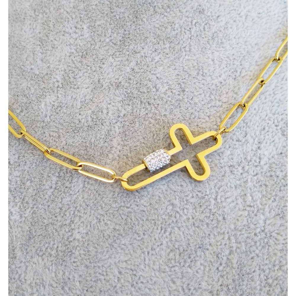 Necklace with Modern chain, made of steel and gold cross Necklace