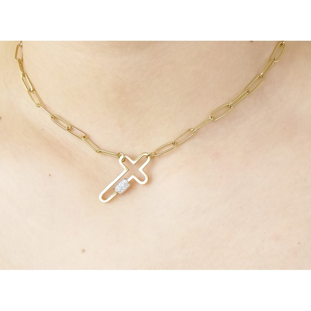 Necklace with Modern chain, made of steel and gold cross Necklace