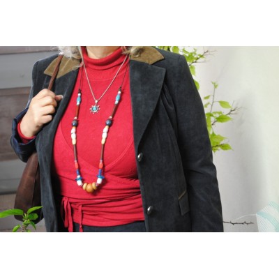 Χειροποίητο Κολιέ Boho πολύχρωμο με δέρμα, κεραμικά, ακρυλικό, ξύλο