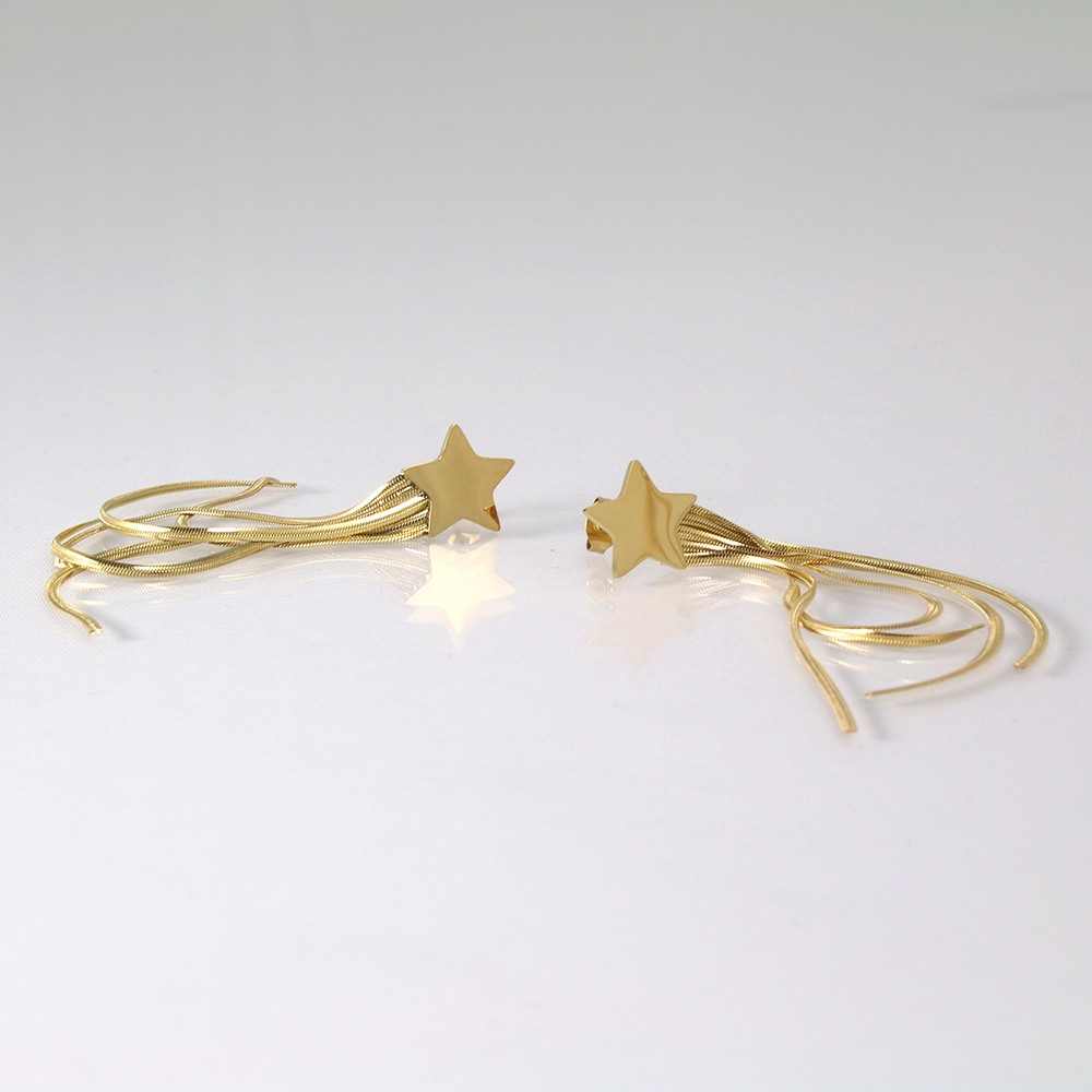 Gold star earrings with long hanging chains