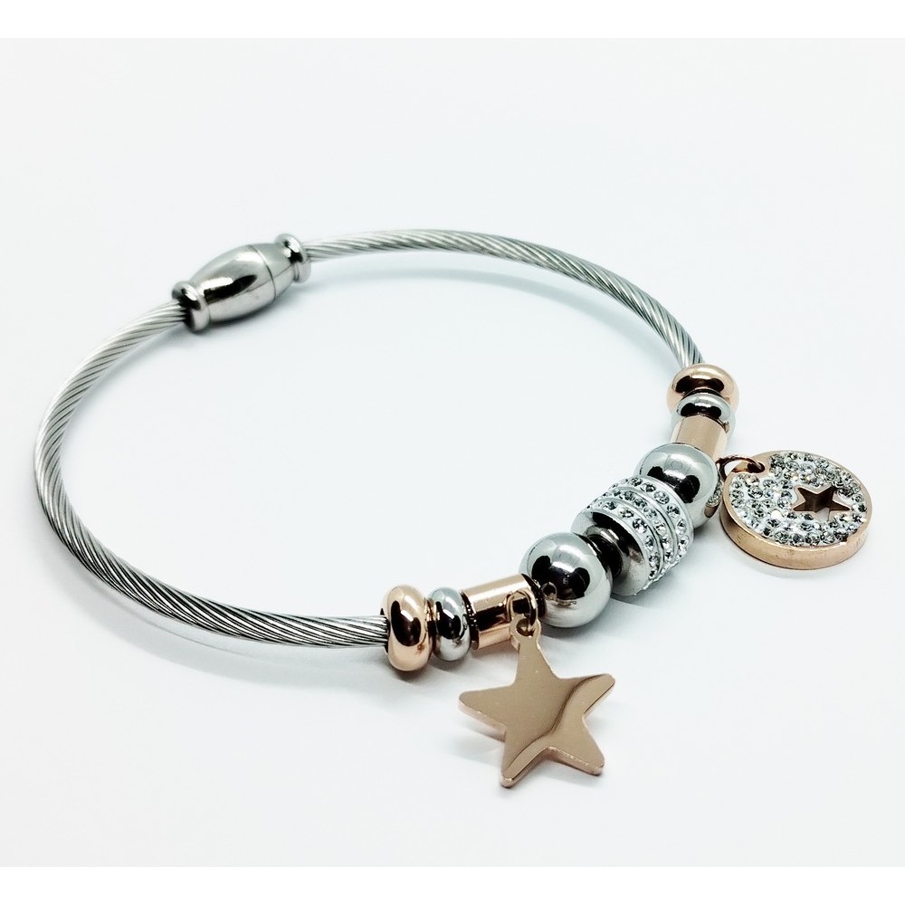 Women's pandora style handcuffs in silver, rose gold steel and zircon Women's pandora style handcuffs in silver, rose gold steel and zircon